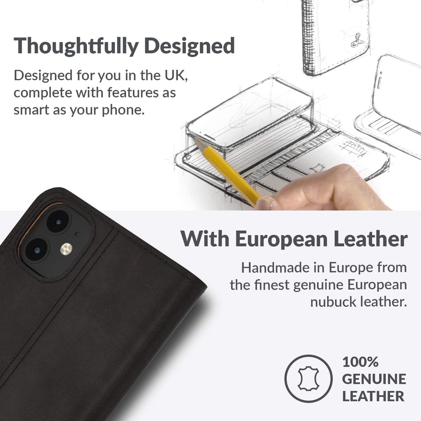 Leather Wallet for Iphone 12 || Genuine Leather Wallet Phone Case || Real Leather with Viewing Stand & 3 Card Holder || Flip Folio Cover with Card Slot (Black)