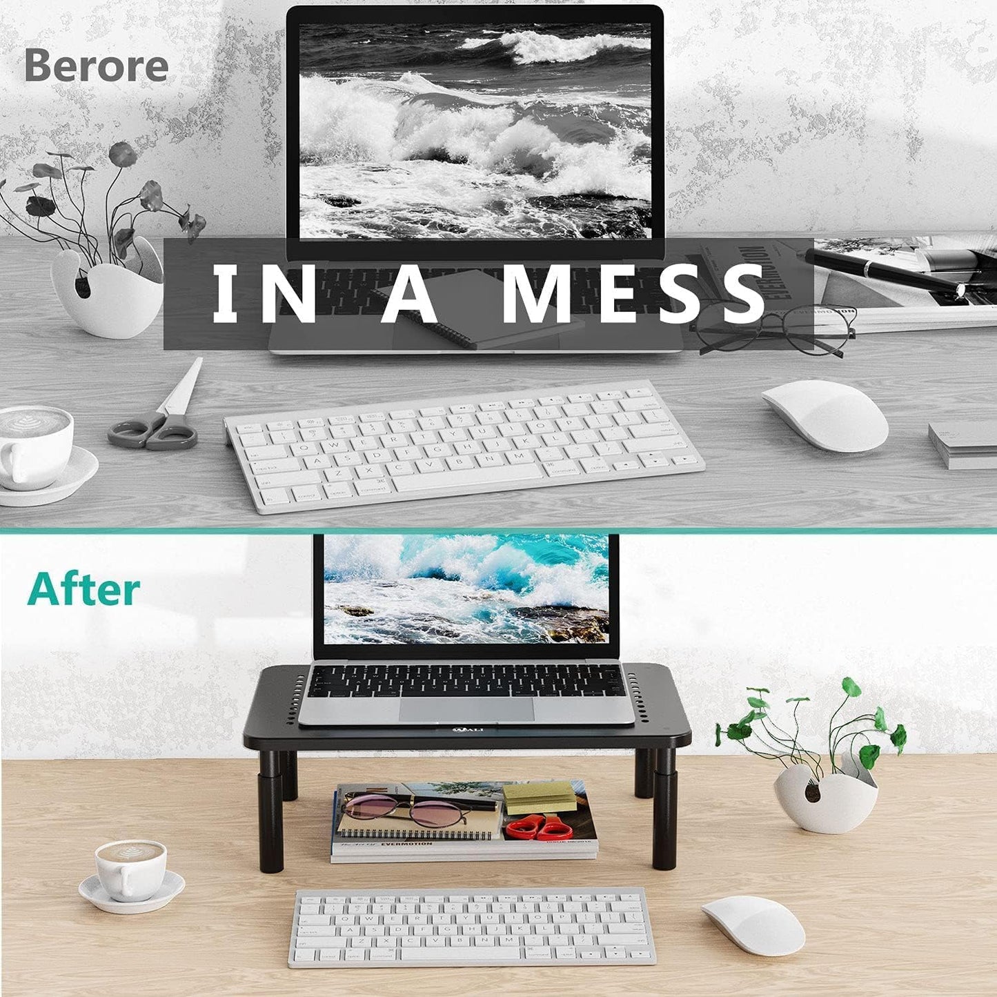 Dual Monitor Stand for Desk, Desk Monitor Riser 3 Height Adjustable, Laptop Riser with Airflow Vents, Desk Organizer for Computer, Laptop, Printer, Notebook (STT003-2), 2 Pack, Black