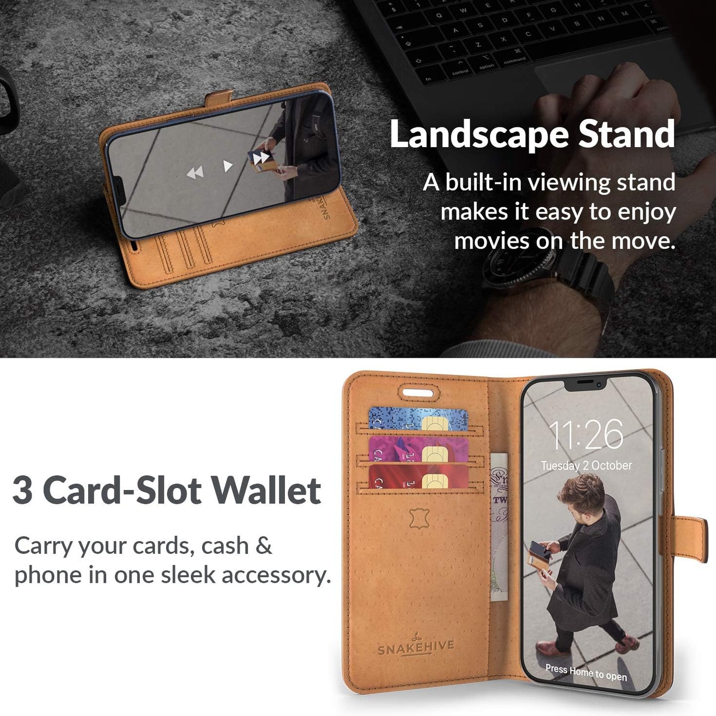 Leather Wallet for Iphone 12 || Genuine Leather Wallet Phone Case || Real Leather with Viewing Stand & 3 Card Holder || Flip Folio Cover with Card Slot (Black)