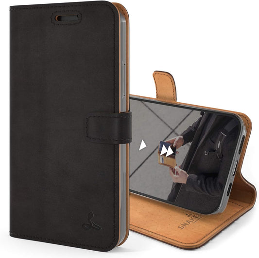 Leather Wallet for Iphone 12 || Genuine Leather Wallet Phone Case || Real Leather with Viewing Stand & 3 Card Holder || Flip Folio Cover with Card Slot (Black)